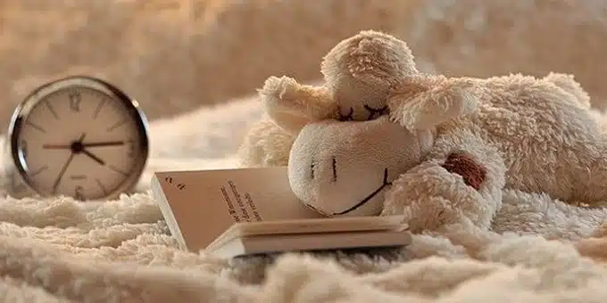 óra és könyv mellett fekszik egy plüss bárány